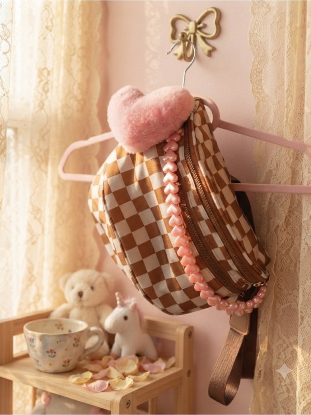 Brown & White Check Bumbag with Pink Heart Charm